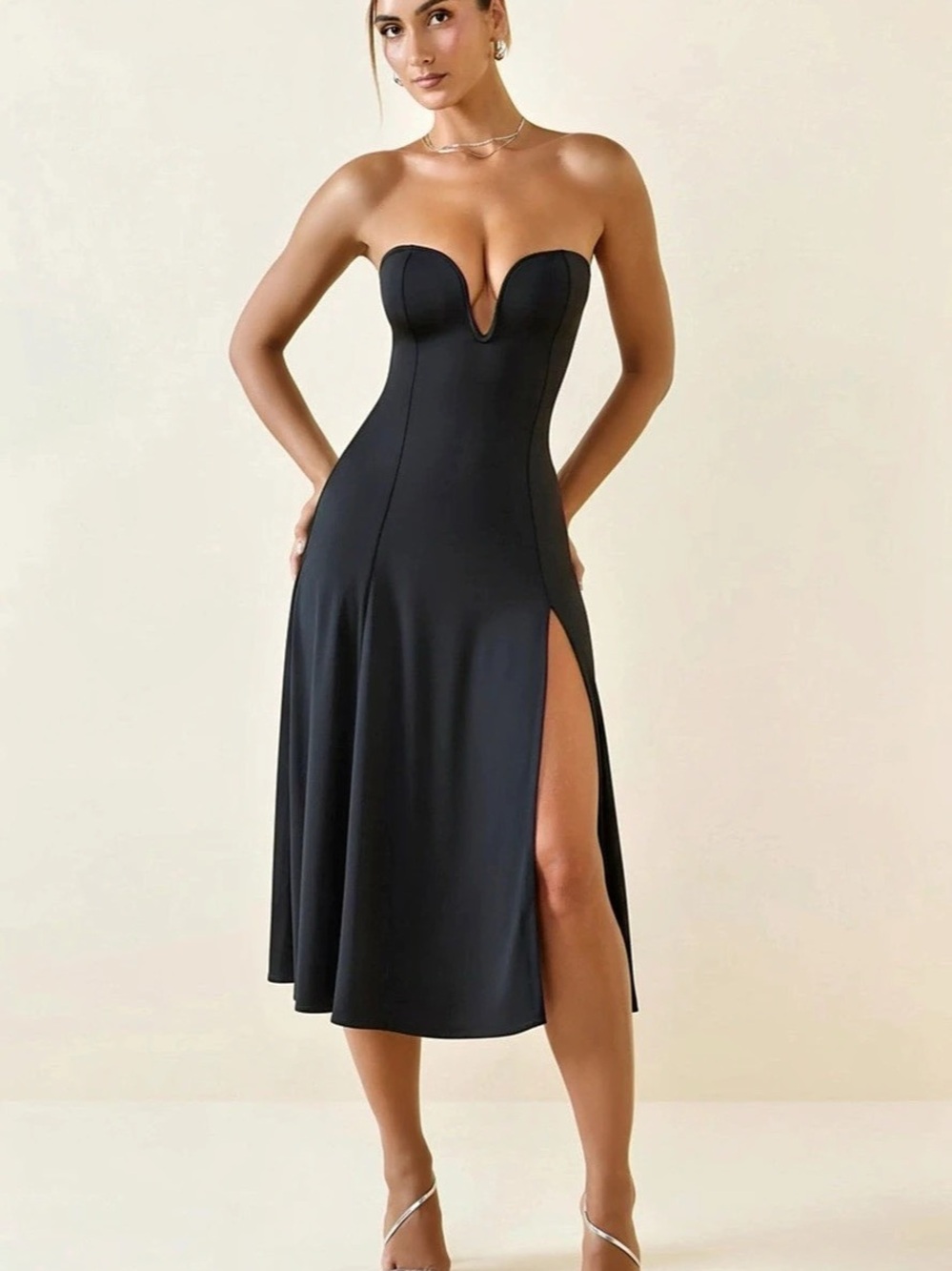 Oh Polly Slinky Jersey Strapless A-Line Midaxi Dress Black Strapless Midi